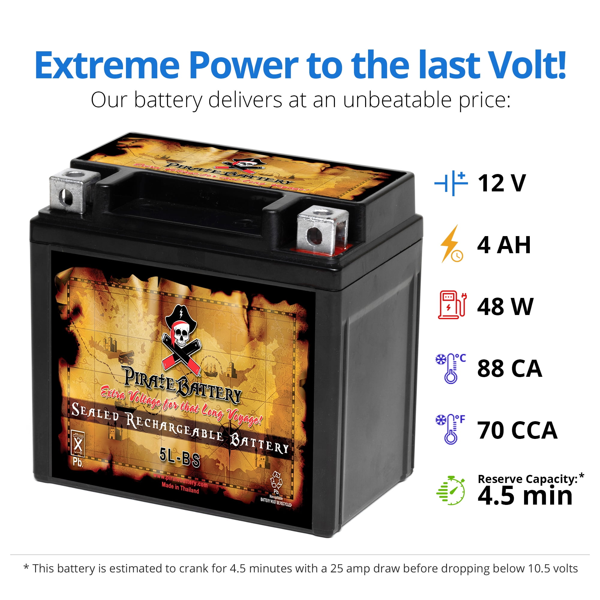 Pirate Battery Ytx5L-Bs High Performance - Maintenance Free - Sealed Agm Motorcycle Battery
