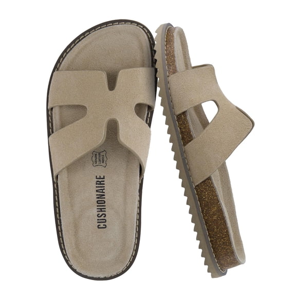 Cushionaire Wisdom Womens Suede Sandals | Genuine Leather Slides with Cutout Strap | Slip On Cork Footbed Slide Sandals for Women