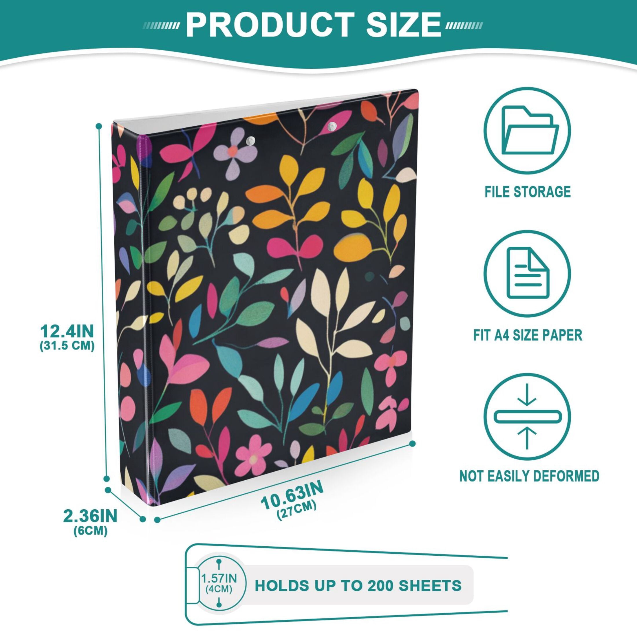 Colorful Vines 3 Ring Binders 1.5 inch Hardcover File Folders with Interior Pockets A4 Size Organizer for School Office Hospital
