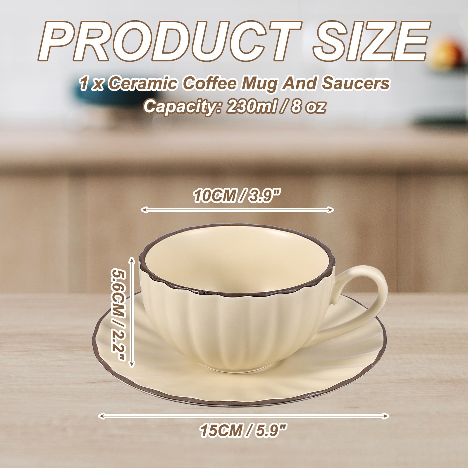 Uxcell Handmade Vintage Espresso Cups, 8 oz Coffee Cups and Saucers Ceramic Tea Cup with Handle Dishwasher and Microwave Safe for Latte Cappuccino Milk Office Home Gifts, Beige