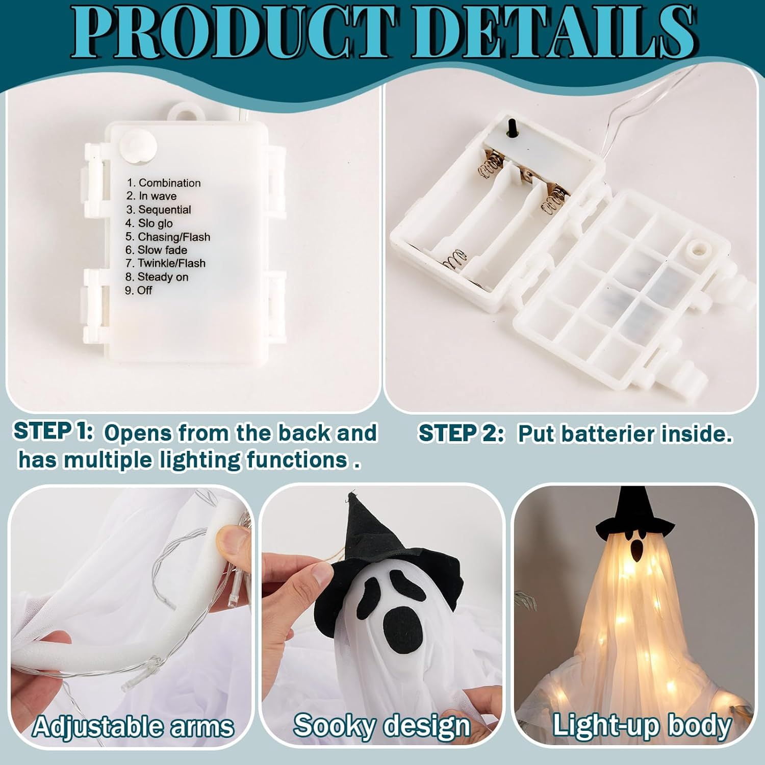 2 Pack Hanging Ghost Decorations 70cm with 8 Mode Lights for Indoor Outdoor