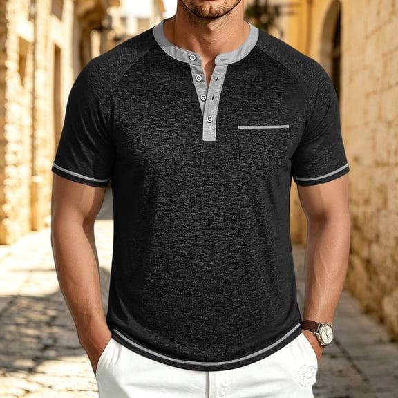 CCRFTGI Men's Henley Short Sleeve Shirt Button Lightweight T-Shirts Casual Summer Basic Raglan Sleeve Tee Shirt Black L