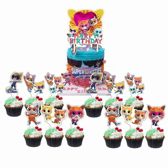 Super Kitties Cake Topper Cupcake Set Party Supplies Decoration Birthday Decor Kit
