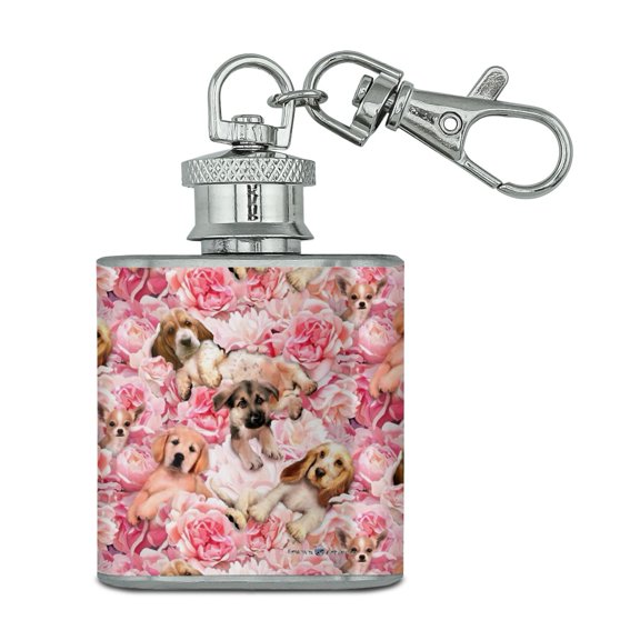 Puppies Dogs Pink Flowers Pattern Stainless Steel 1oz Mini Flask Key Chain