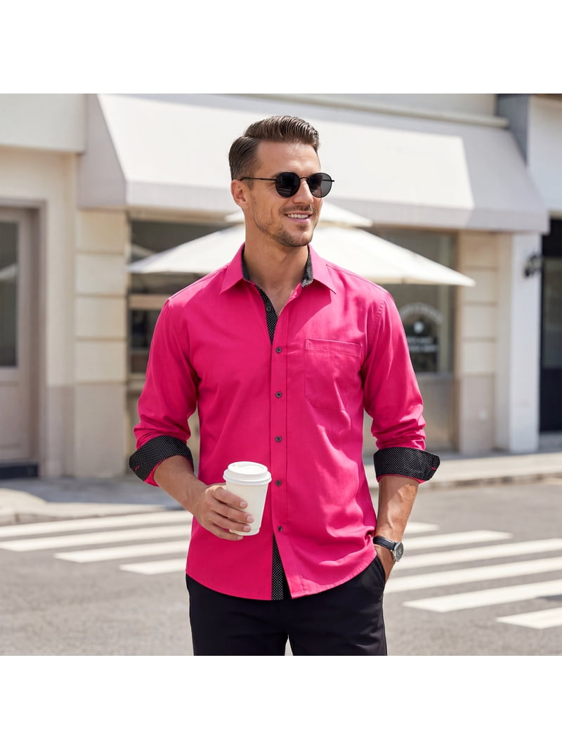 Sumtumn Mens Dress Shirt Button-Up Long Sleeve Regular Fit Shirt with Paisley Inner Contrast Hot Pink, Men's, Size: Large