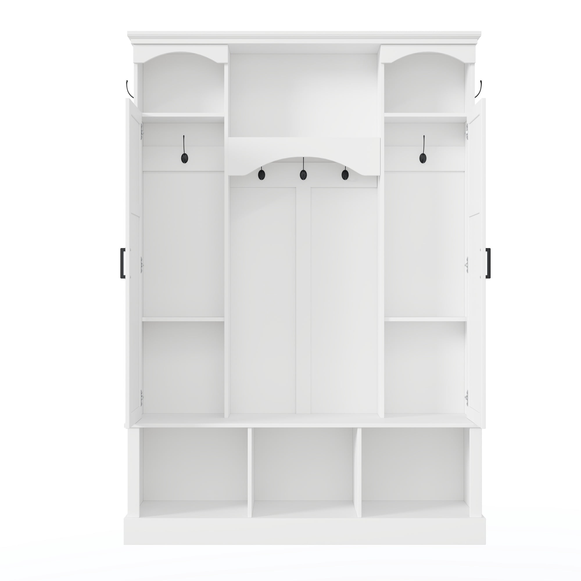 T-Foyer Farmhouse White Hall Tree with 7 Hooks & 2 Cabinets, Wooden Rustic Entryway Organizer with Open Storage & Adjustable Shelves