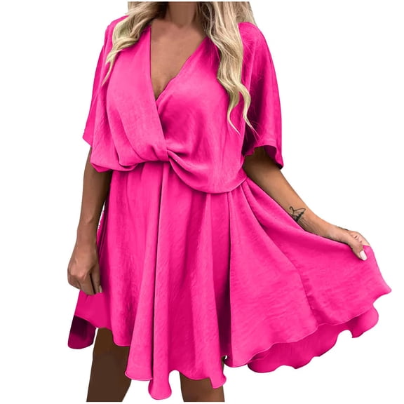 Bigersell Evening Dress Women's Summer Fashion Solid Short Sleeve V-neck Pullover Dress Button-Down Dress for Female Regular Bodycon Dresses, Style 3242, Red S