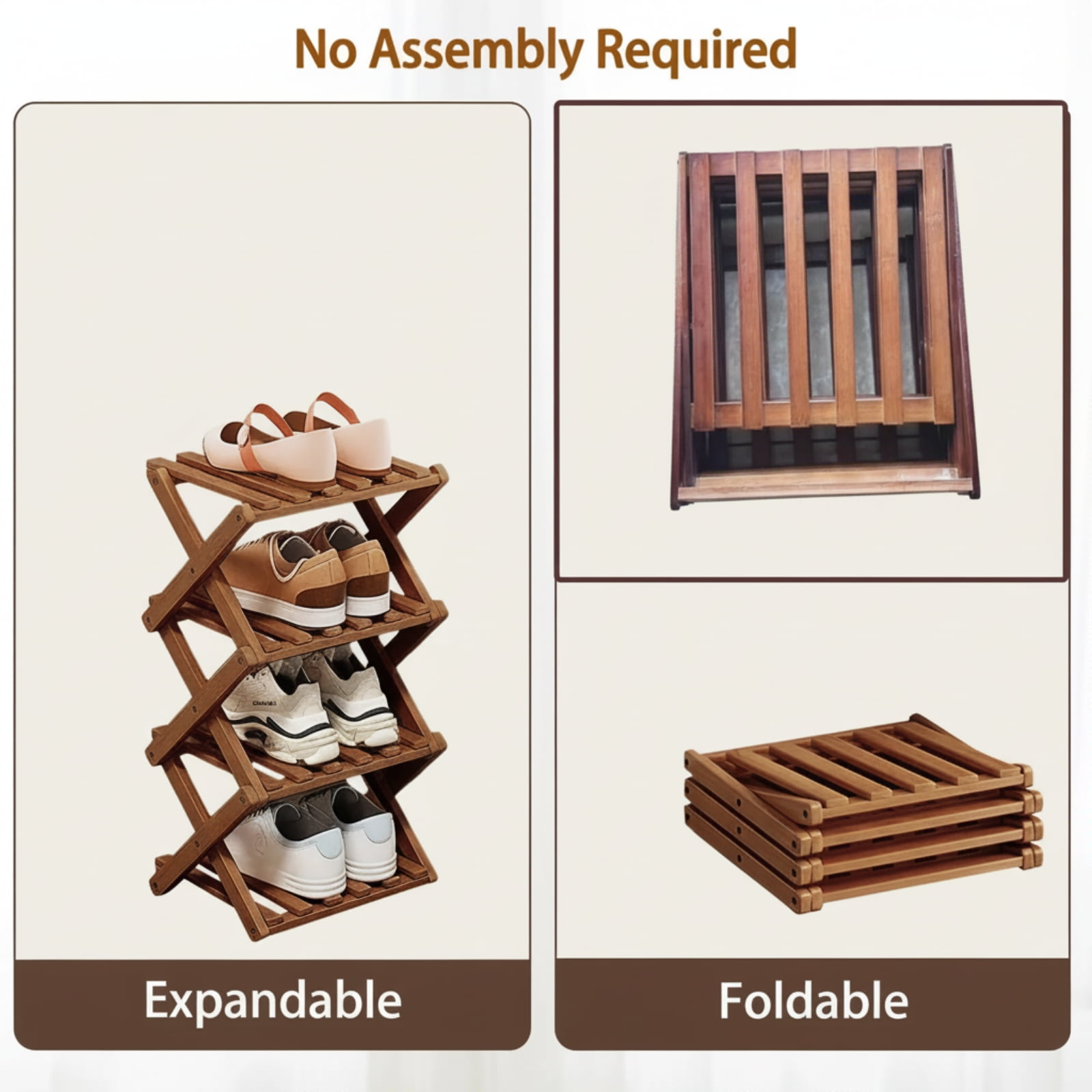 JUANYU Shoes Rack Organizer,Multi Tier Wooden Foldable Storage Rack for Home Shoe Storage with Durable Cross Structure,5-Tier,Tawny