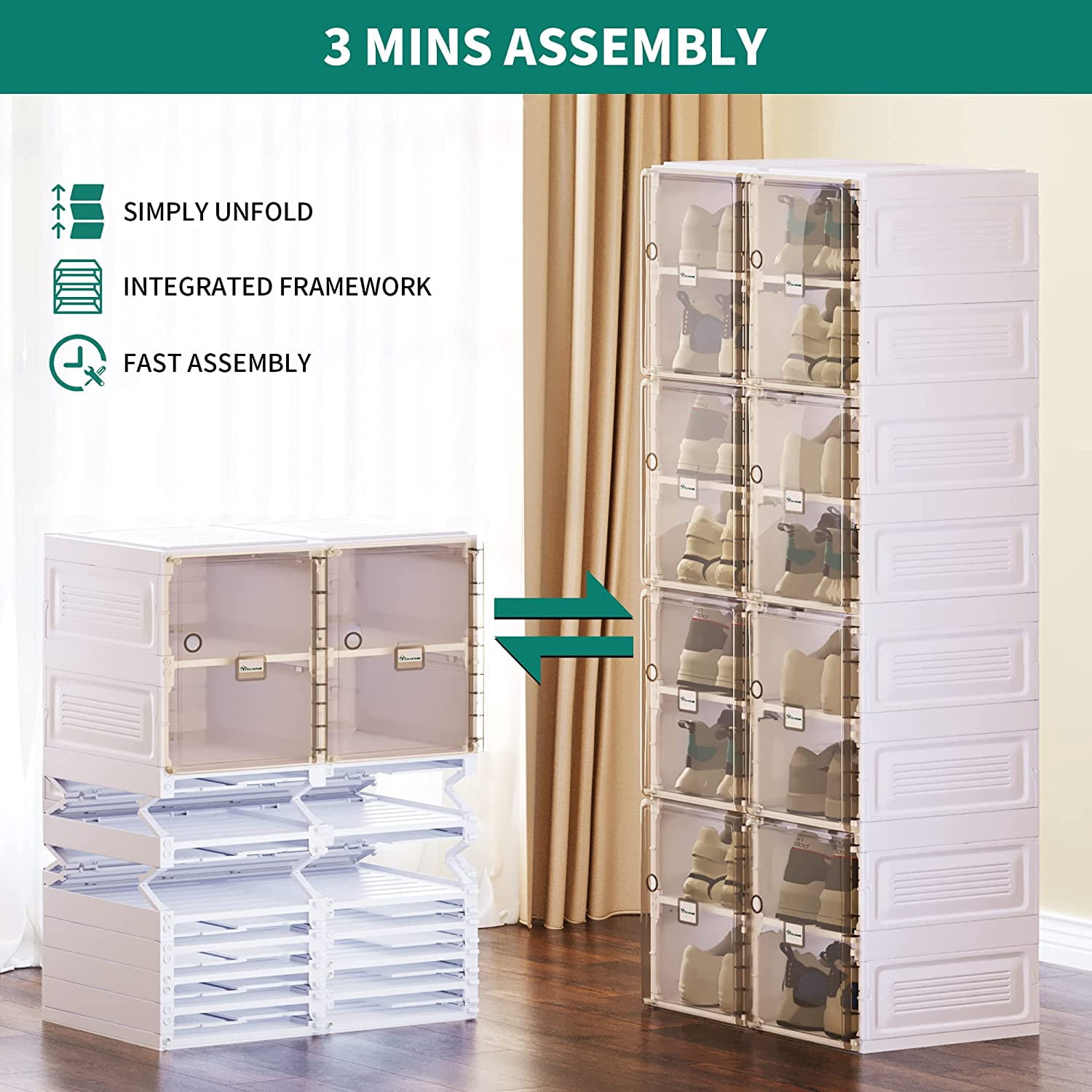 YITAHOME Shoe Storage Organizer, Installation-Free Shoe Box with Transparent Doors, 2-16 Grid Stackable Shoe Cabinet for Hallway, Living Room, Closet (White)