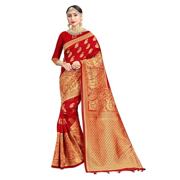 Sarees for Women Banarasi Art Silk Woven Sari - Indian Diwali Ethnic Gift Festival Saree & Unstitched Blouse Red
