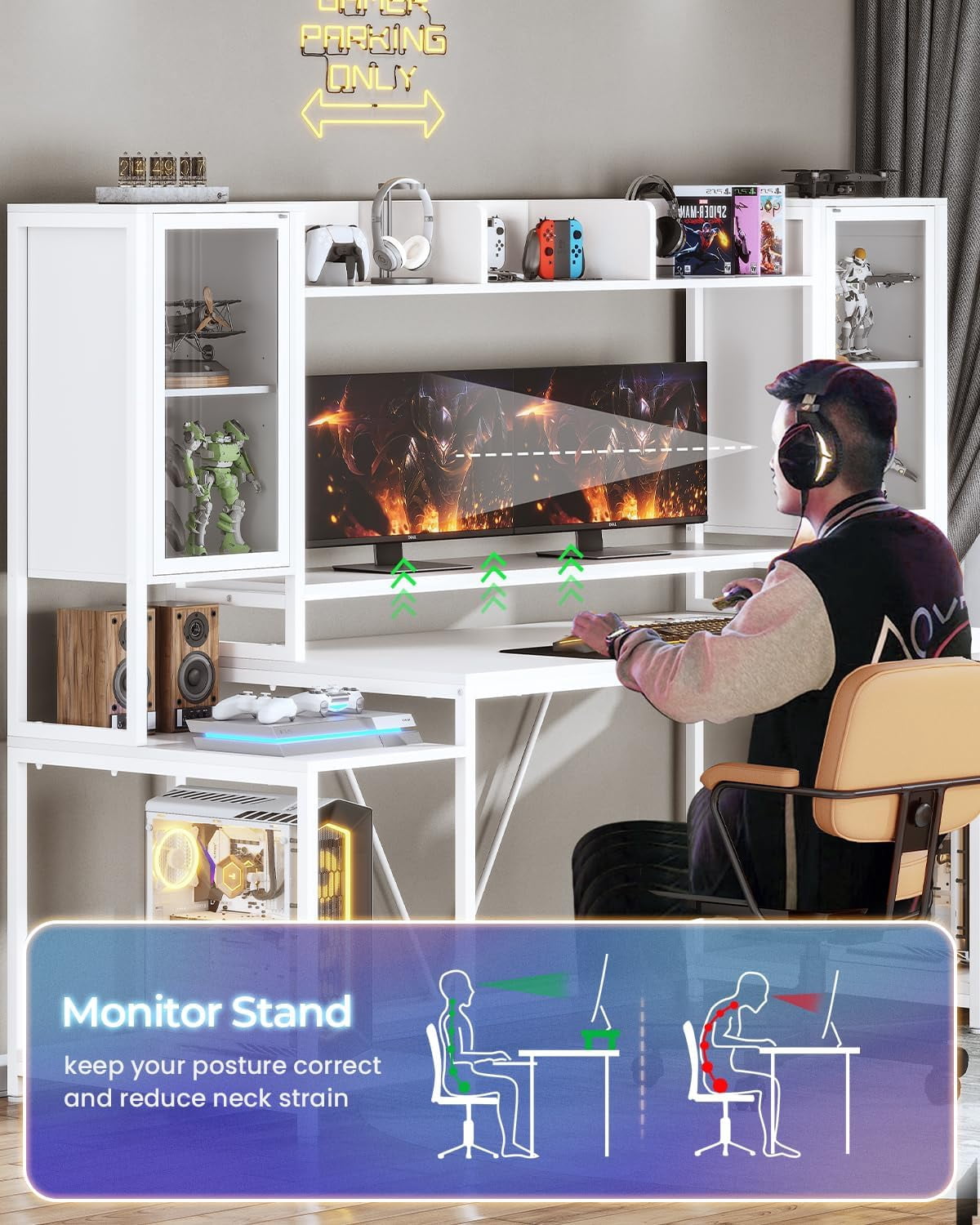 Gaming Desk 74.8'' with LED Lights, Hutch and Storage Shelves, Computer Desk with Monitor Stand, Large PC Gamer Desk Workstation, Ergonomic Gaming Table for Bedroom, Living Room, White