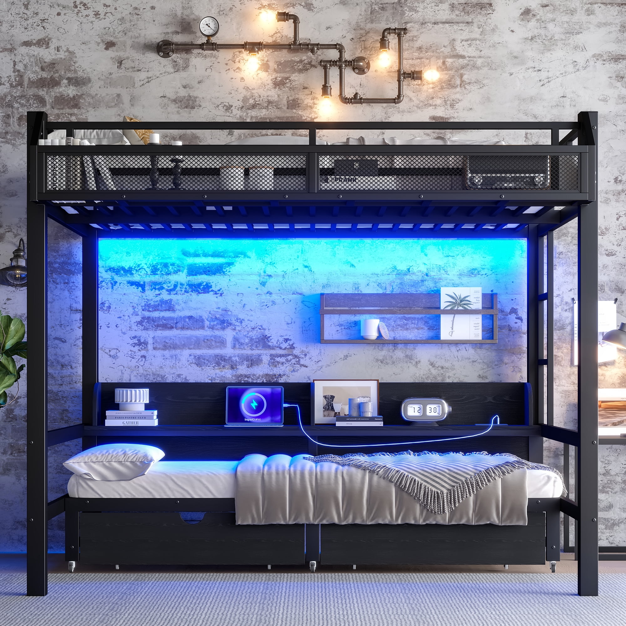 Mintazer Queen Over Queen Metal Bunk Bed with &nbsp;LED Light Strip & USB Ports, Multifunctional Metal Bunk Beds with 3 Shelves & 2 Drawers and Convertible Lower Bed for Bedroom Dorm, Black