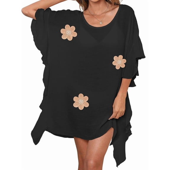 Women'S Beach Swimsuit Cover Ups Floral Ruffle Bathing Suit Swim Coverup Dress Swimwear Black One size