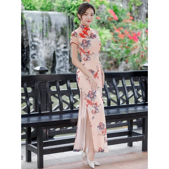 Women's Vintage Floral Cheongsam Qipao Maxi Dress, Red Short Sleeve Chinese Traditional Dress with Side Slit, Elegant Bridal Wedding Guest Evening Gown for Formal Party & Cultural Events