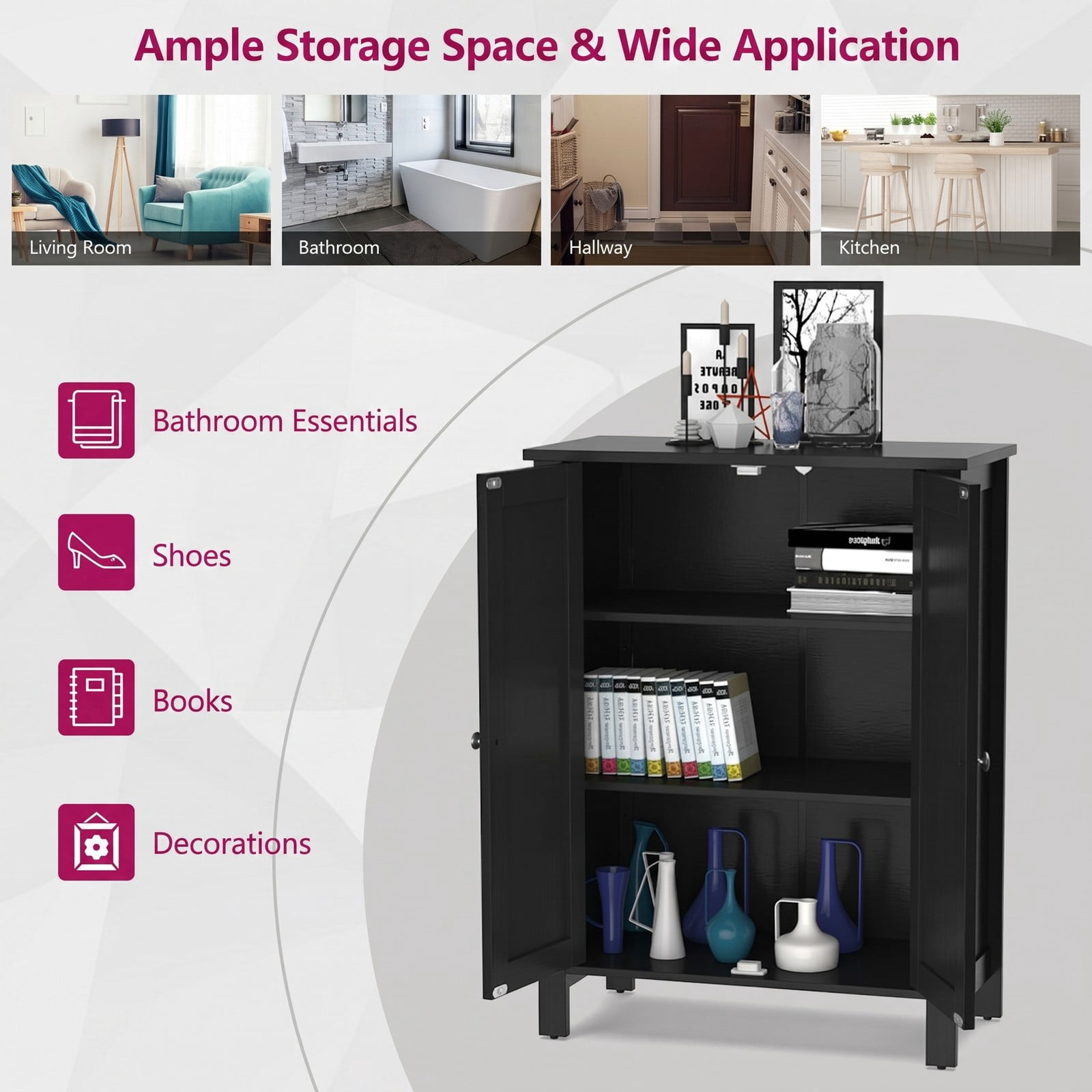 Fenbeli 2-Door Bathroom Floor Storage Cabinet, Freestanding Space-Saving Storage Organizer with Adjustable Shelves, Wooden Side Cabinet for Bathroom Laundry, Black