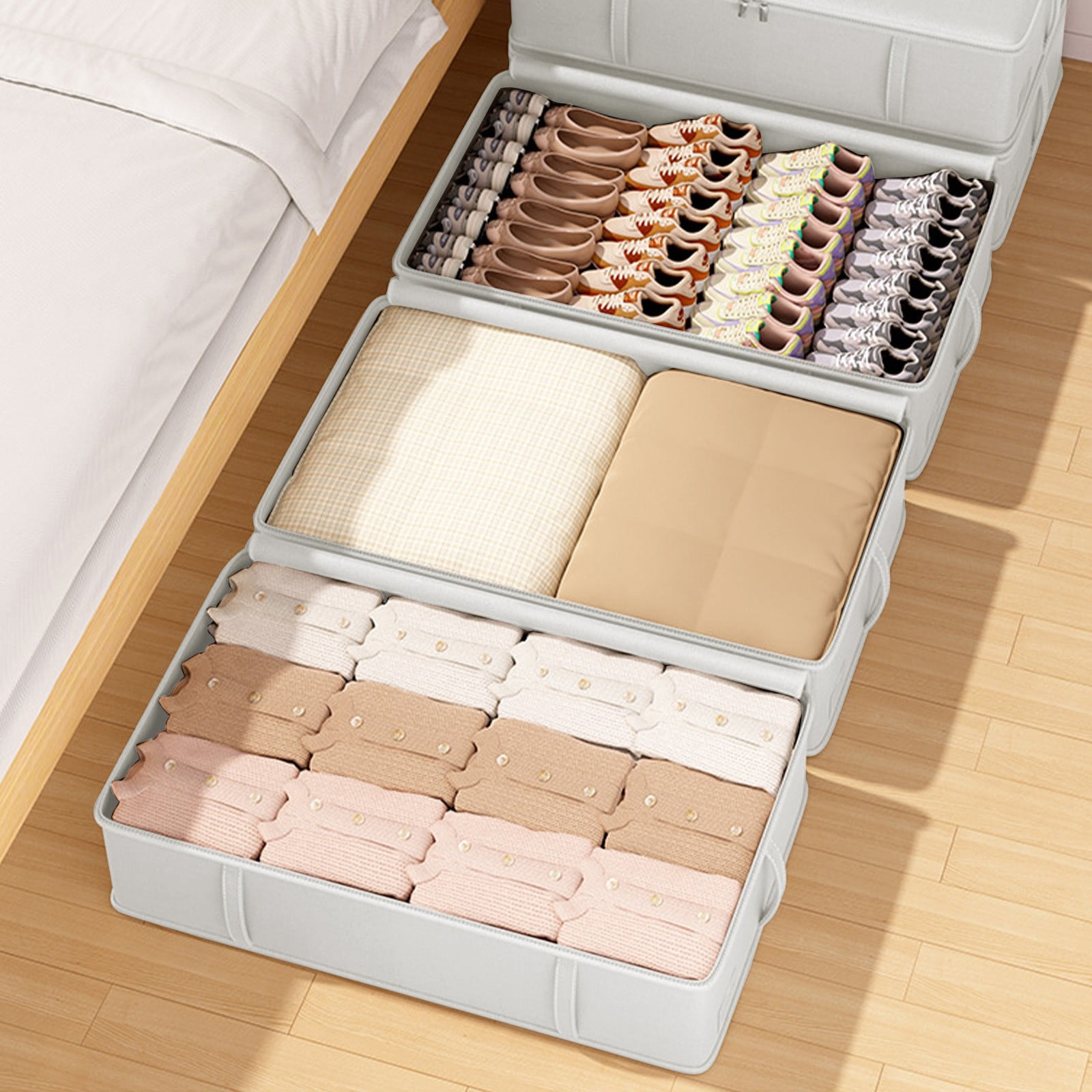 Underbed Storage Box, Flat Low Profile Drawer Organizer for Seasonal Clothes, Quilts, Blankets, Shoes, Home Organization, Space Saving Container with Lid