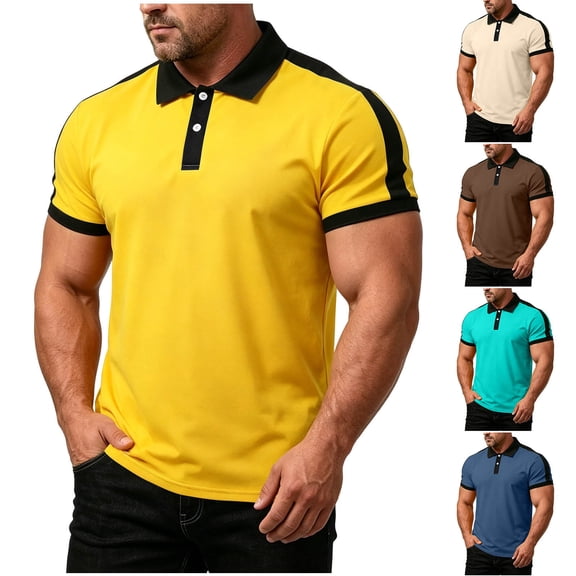 Guluxicc Men's Summer Henley Tops Short Sleeve Trendy Color Block Business Casual Shirts with Pockets