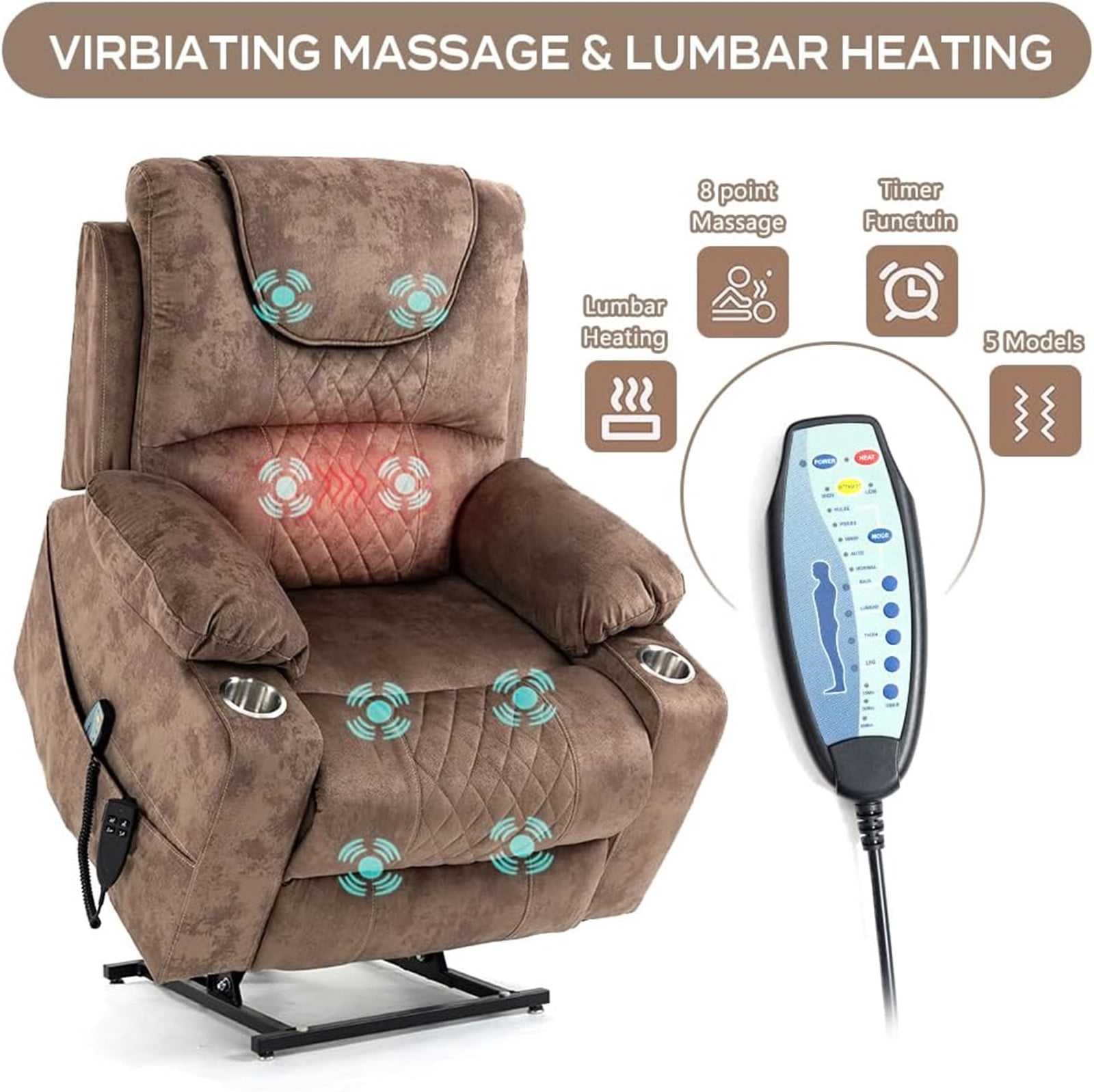 LITVZ Recliner Lift Chairs for Elderly, 180 Degrees Lay Flat Recliner Chair with Heat and Massage and Cup Holder for Adults 400 lb Capacity