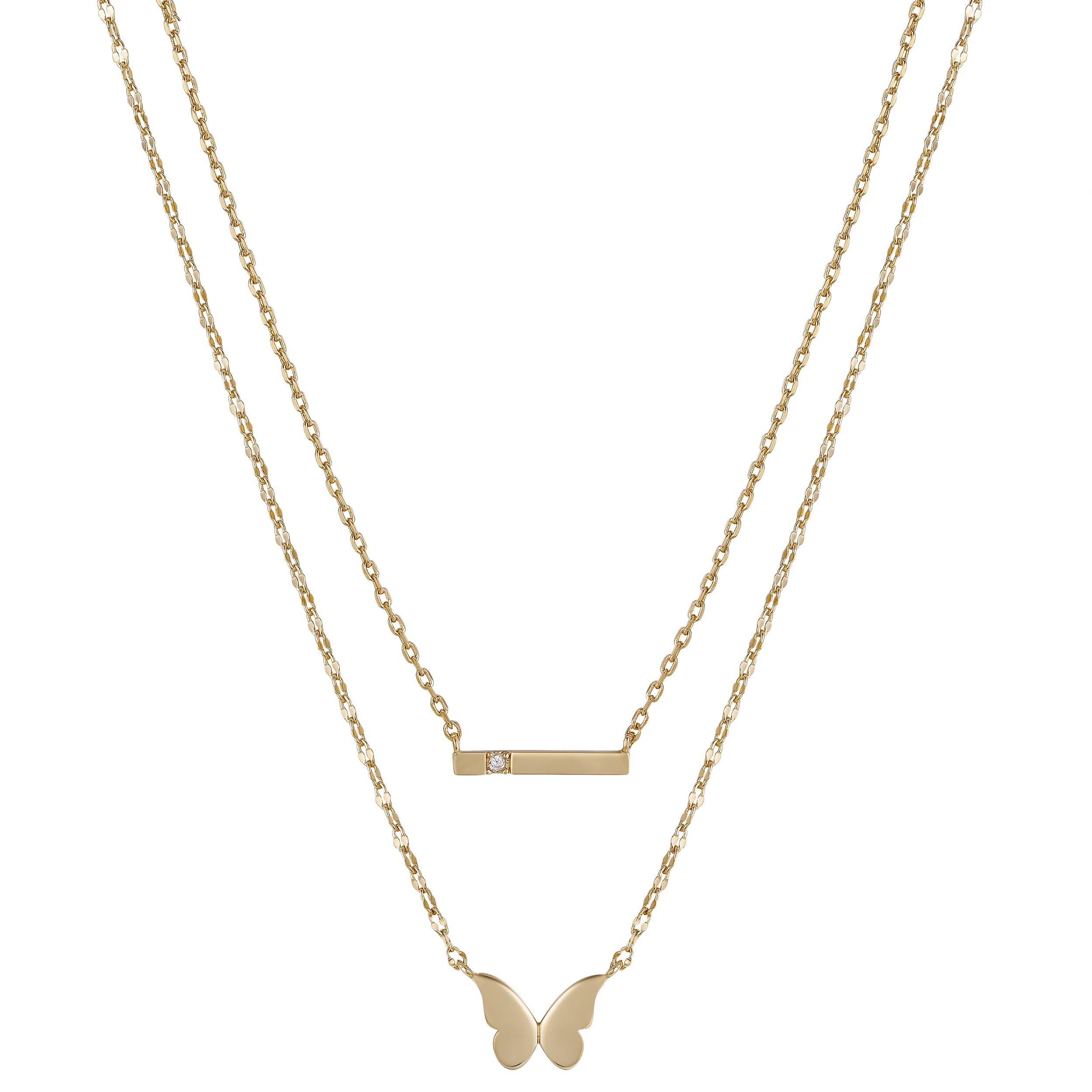 14K Gold Flash-Plated Cubic Zirconia Bar and Butterfly 2-Piece Necklace Set with Extender