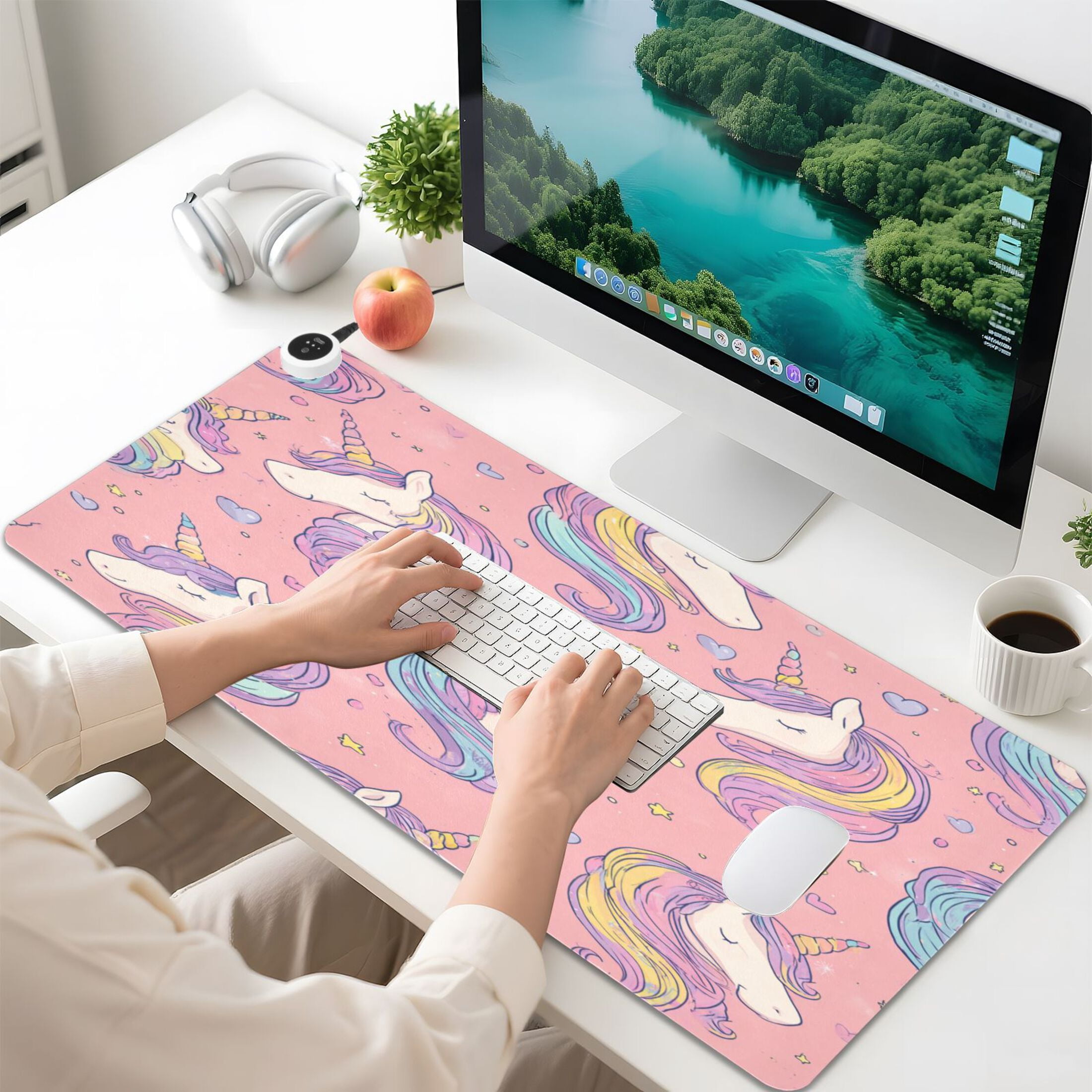 Large Heated Desk Mat Mouse Pad 31.5"x13"PU Leather Graphene Heating Desk Warmer with 3 Temperature Settings 110V US Plug Non-Slip Warm Pad for Home, Office, and Gaming Soft Pink Unicorn Illustration