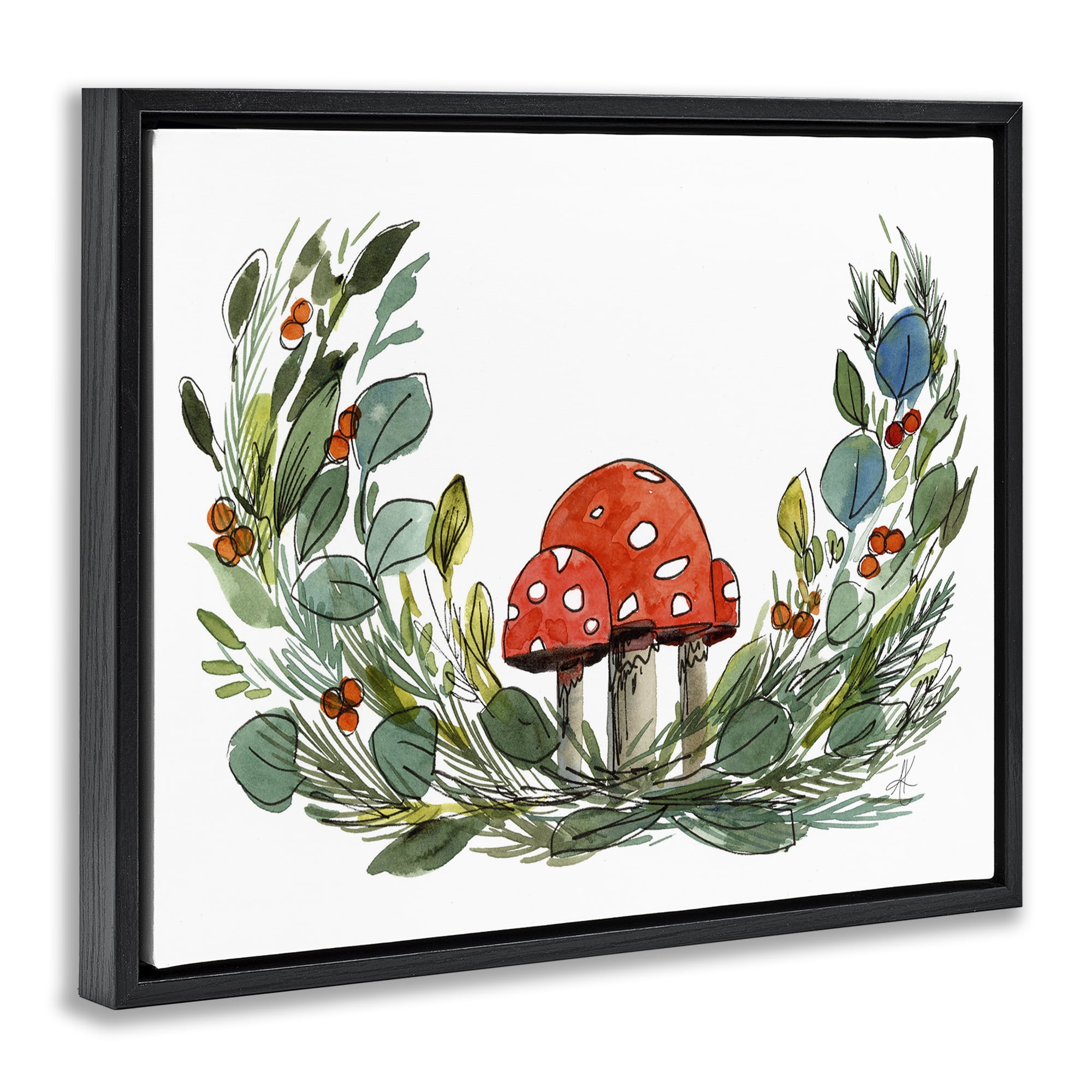 Stupell Industries Mushrooms & Greens Plants & Flowers Painting Black Floater Framed Canvas Art Print Wall Art, 21 x 17