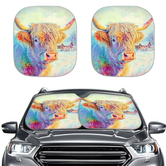 KUIFORTI 2Pcs Car Sun Shade Cute Highland Cow Sunshades for Women, Universal Automotive Interior Sun Protection Foldable Sun Visor Protect Your Vehicle from UV Heat