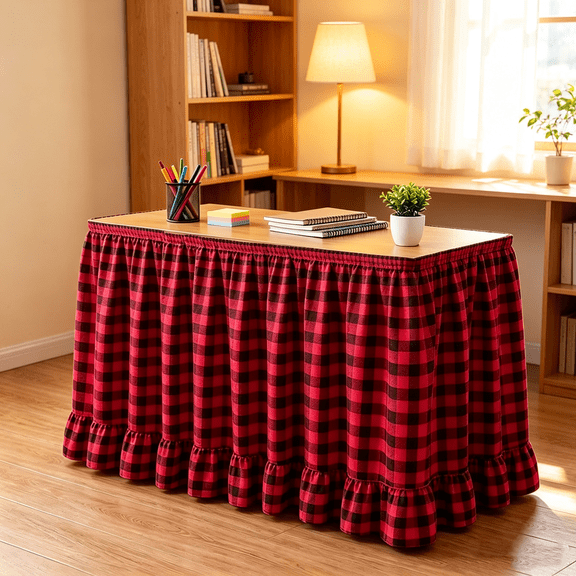 6ft Gingham Ruffled Table Skirt, with Hook and Loop Checkered Desk Cover, Hide Desk Clutter, for Teacher Desks, Classroom, Weddings, Parties and Event Decorations