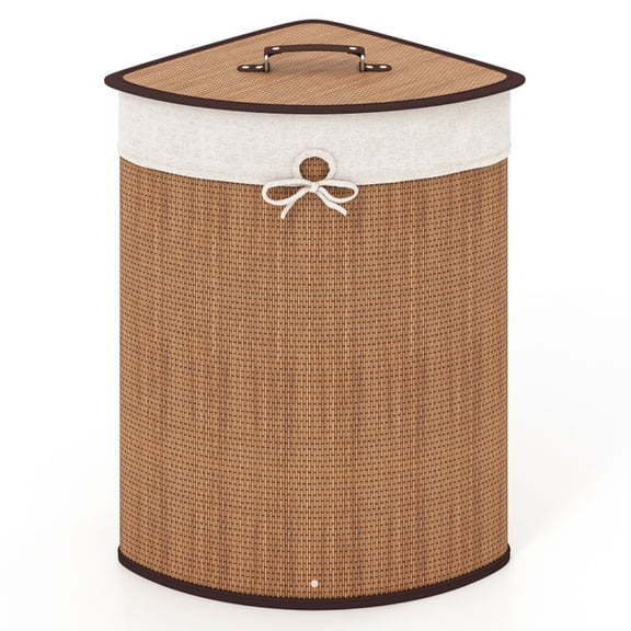 SUGIFT Bamboo Laundry Hamper Basket Corner Clothes Sorter with Lid Handle Removable Machine Washable Liner Bag and 58L Capacity for Bathroom Bedroom, Yellow