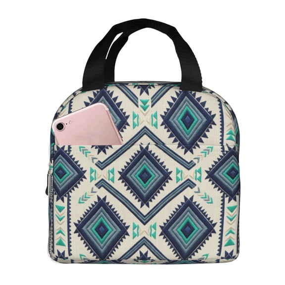 Boho Insulated Lunch Box Vintage Tribal Pattern Reusable Cooler Handbag With Front Pocket Thermal Meal Prep Tote For Women Men Work Office Daily Chic