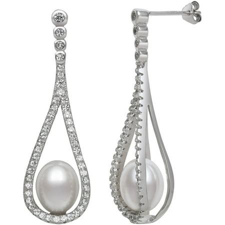 8-9mm Drop Cultured Freshwater Pearl and CZ Sterling Silver Drop Earrings