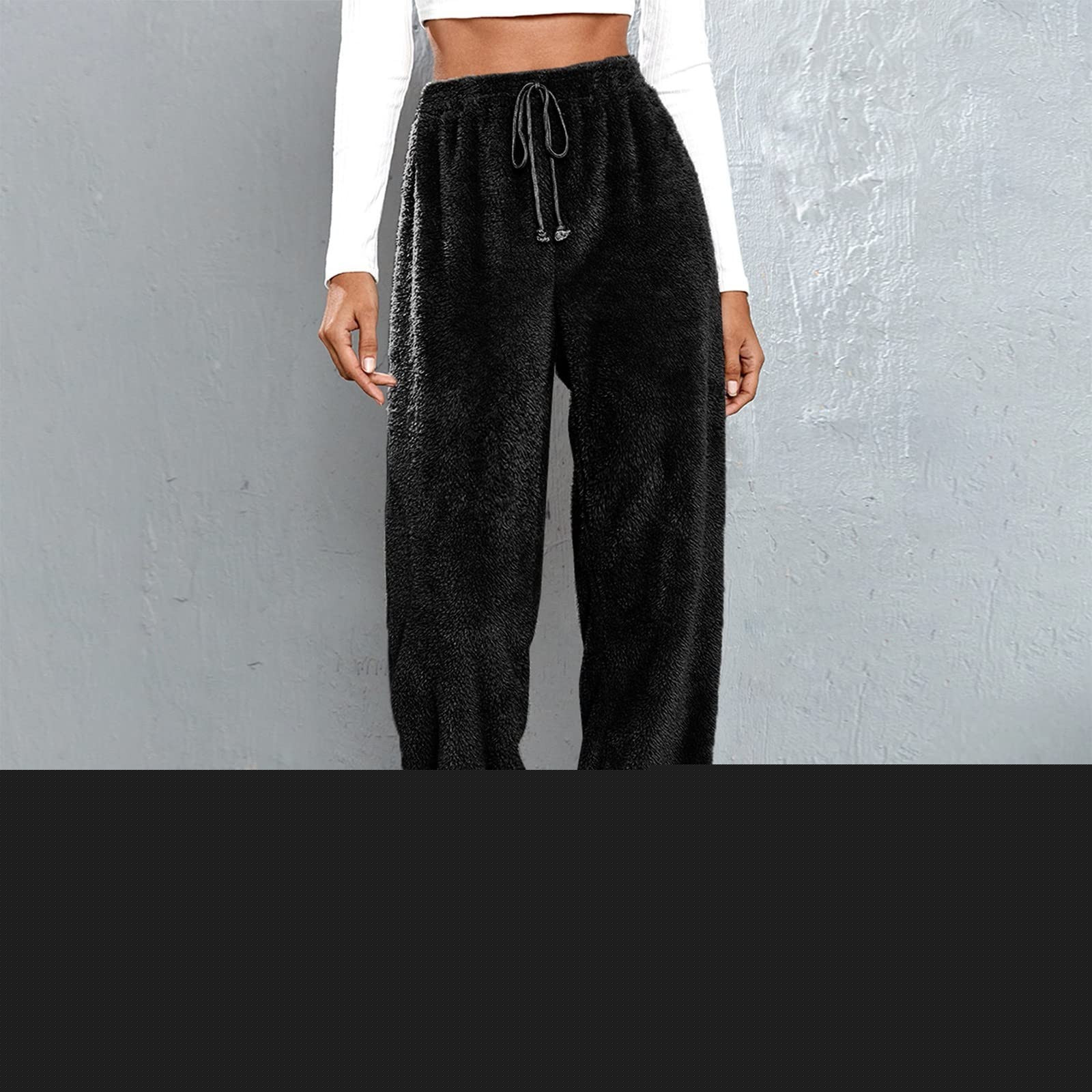 thumbnail image 2 of Women's Faux Lamb Fleece Sweatpants Elastic Waist Drawstring Solid Cuffed Loungewear Joggers with Pockets Black 4XL, 2 of 5