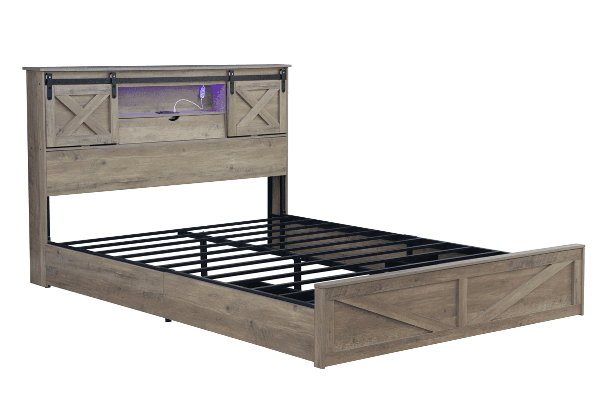 Farmhouse Bed Frame Queen Size with LED Lights and Charging Station, Wooden Queen Bed with 2 Storage Drawers, Rustic Headboard with Sliding Barn Door Storage Cabinets