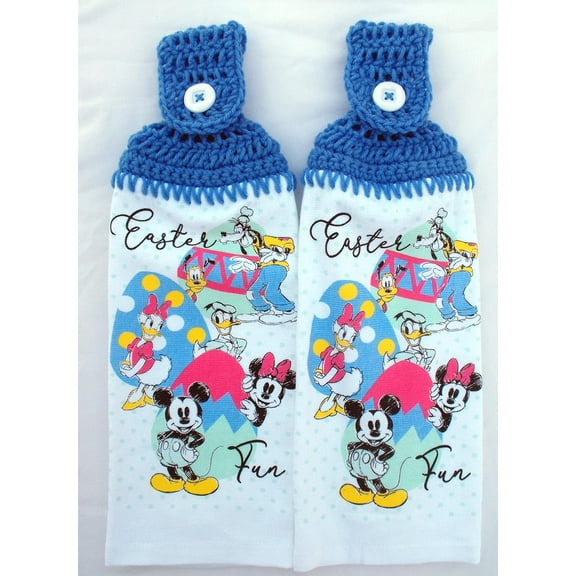 EASTER FUN WITH MICK & MINN - 2 HANDMADE CROCHET TOP HANGING KITCHEN TOWELS