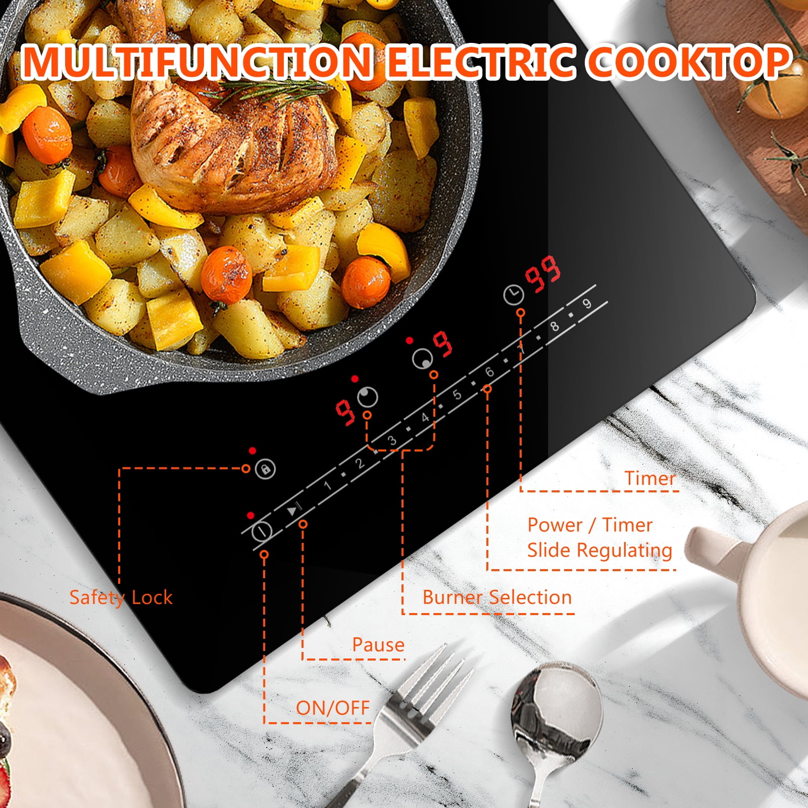 GRACEALL 2000W 12in Electric 2 Burner Cooktop, Infrared Cooktop With 2 Burners for Cooking, 120V Ceramic Glass Stove, Built-in or Countertop Compatible