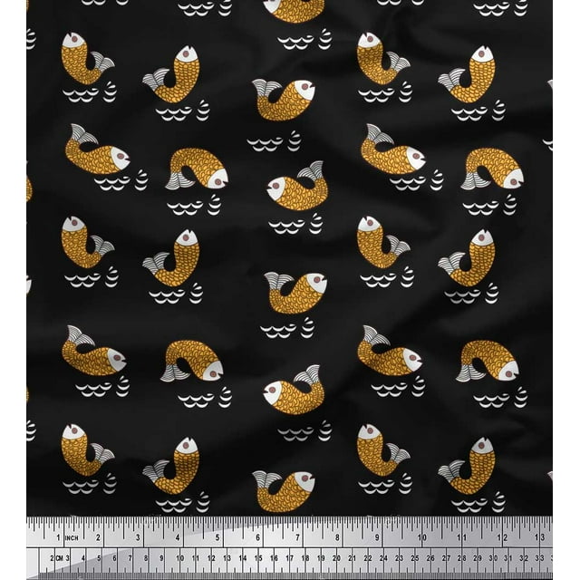 Soimoi Black Poly Georgette Fabric Waves & Fish Ocean Print Sewing Fabric Yard 42 Inch Wide