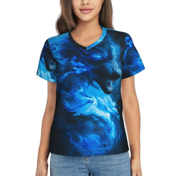 Vsdgher Blue Fire Cool Wolf Women Shirts V Neck Short Sleeve Tops T-Shirt Basic Tees, S to 3XLSmall