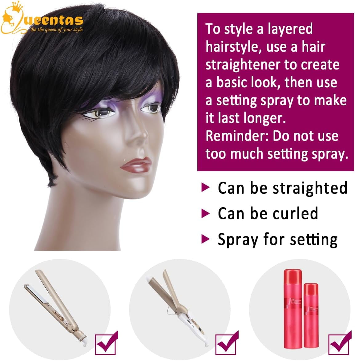 QUEENTAS 9" Human Hair Wig Short Wigs for Women Glueless Wigs Human Hair Black Wigs Pixie Cut Wigs with Bangs