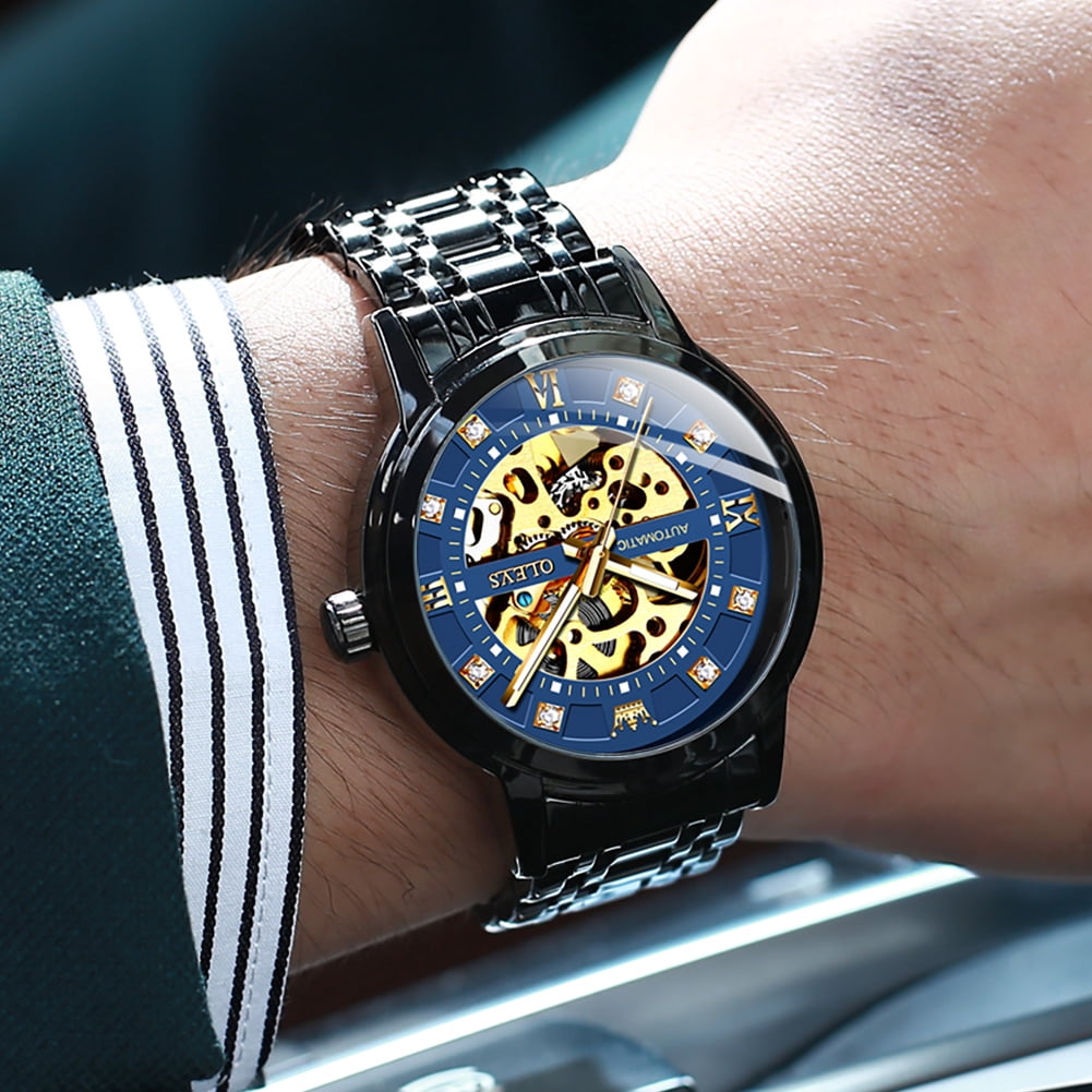 OLEVS Skeleton Watches for Mens Automatic Mechanical self Winding Diamond Luxury Business Dress Stainless Steel Waterproof Luminous Mens Wrist Watches Reloj Para Hombre Blue/White/Black/Gold Dial