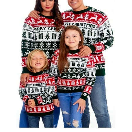 

Matching Family Christmas Sweaters Red Reindeer Long Sleeve Round Neck Pullovers Knitted Tops for Kids Adults