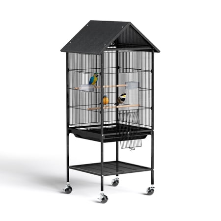 Ktaxon 51in Wrought Iron Bird Cage, Large Rolling Flight Cage with Storage Shelf, for Parrots & Budgies