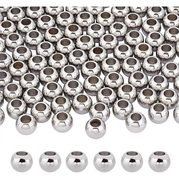 1BOX Round Metal Beads Stainless Steel 8mm Round Spacer Beads Large Hole Seamless Beads Rondelle European Beads Ball Loose Beads