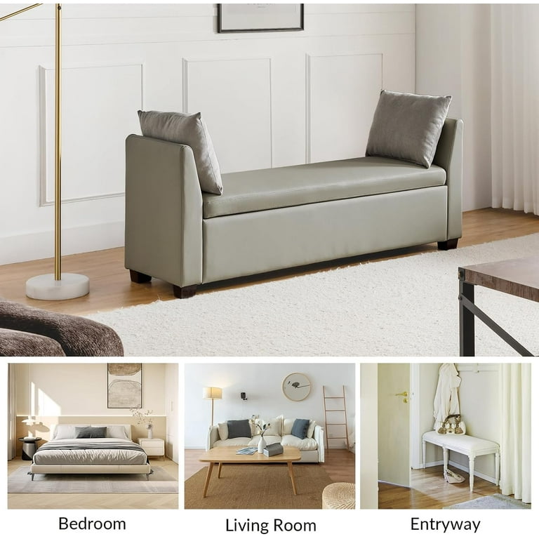 Modern Leather Storage Bench With Cushion Extra Long Storage Bench End Of Bed Storage Bench Grey