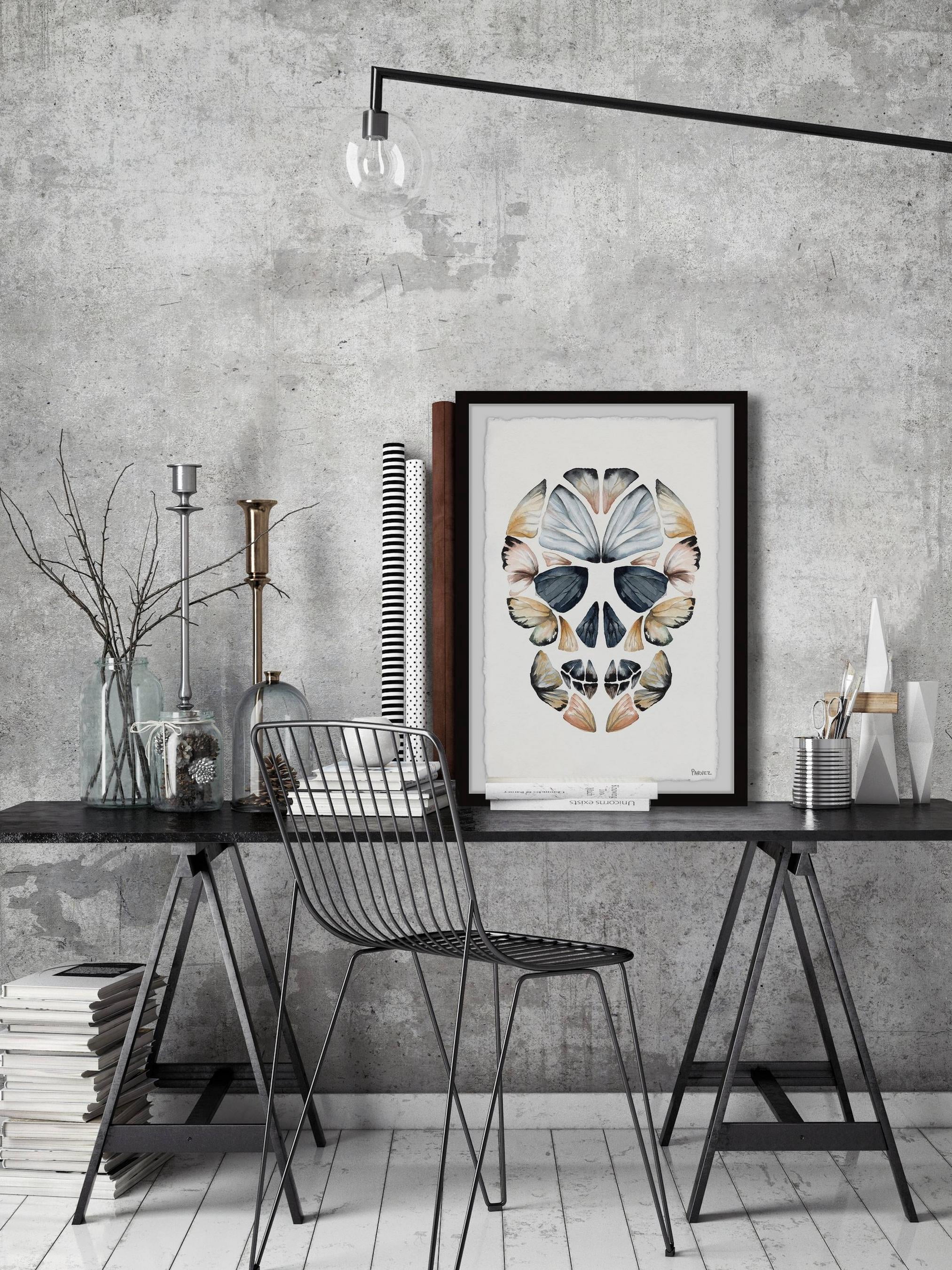 Parvez Taj "Yellow Kaleidoscope Butterfly Skull" Framed Painting Print