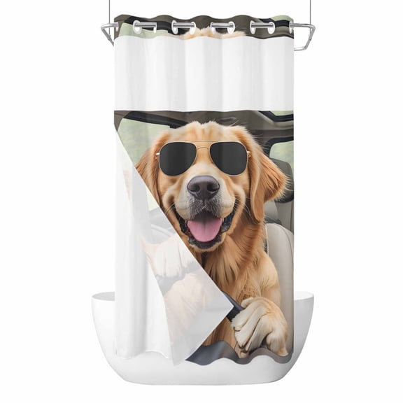 Funny Dog Print No Hook Shower Curtain Waterproof, Bathroom Curtains with Snap in Liners and See Through Top Window, Summer Modern Animals Hotel Style Bathtub Curtains Shower 36"Wx72"L