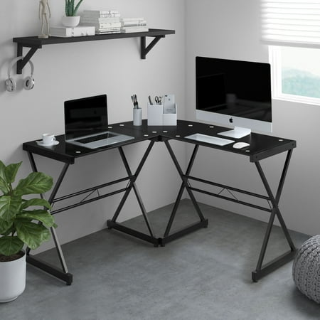 UPC: 0815764014862 | Techni Mobili Computer L-Shaped Desk with Tempered Glass Top  Black