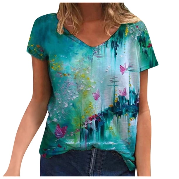 Blusa de manga corta con cuello en V informal para mujer a la moda, camisetas de verano Fridja ghk3910