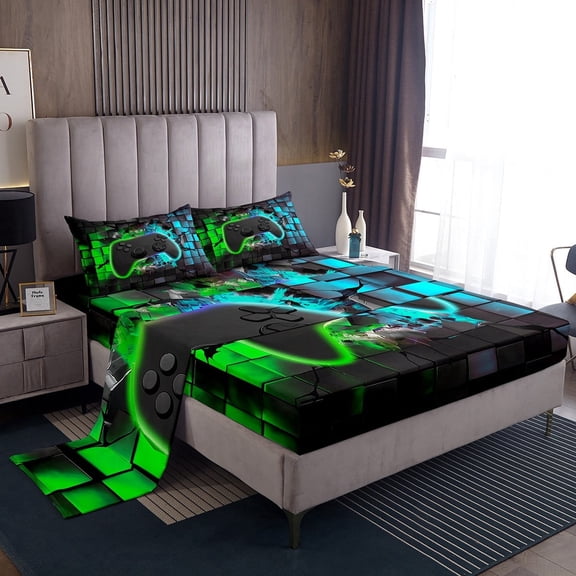 Erosebridal Teen Gamepads Sheet Set Twin,Blue Green Bedding Sets Twin Size,Geometric Buffalo Twin Sheet Sets,Breathable Gradient Bedroom Decorative,3pcs