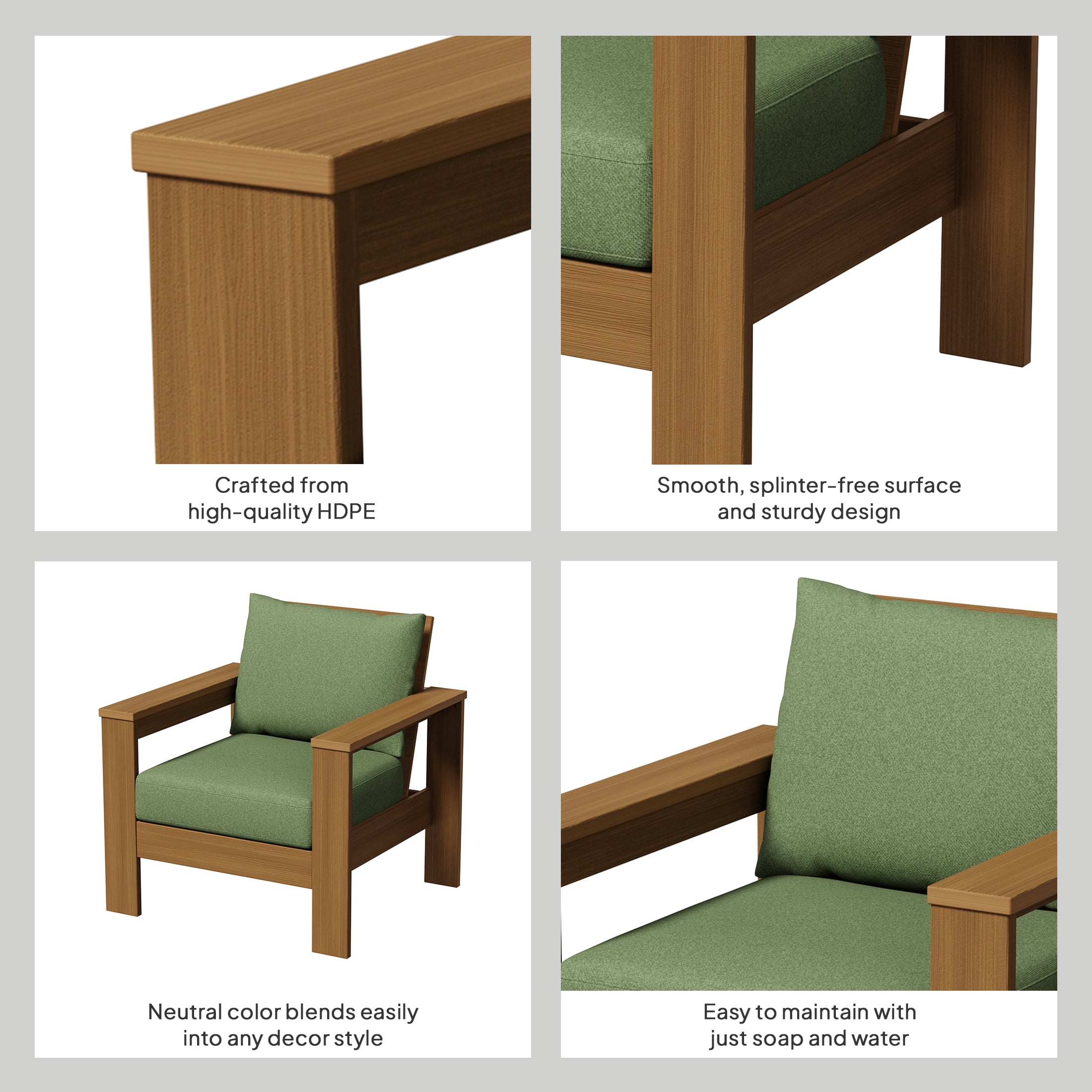 Better Homes & Gardens Ezra Outdoor HDPE Club Chair, Teak with Green Cushions