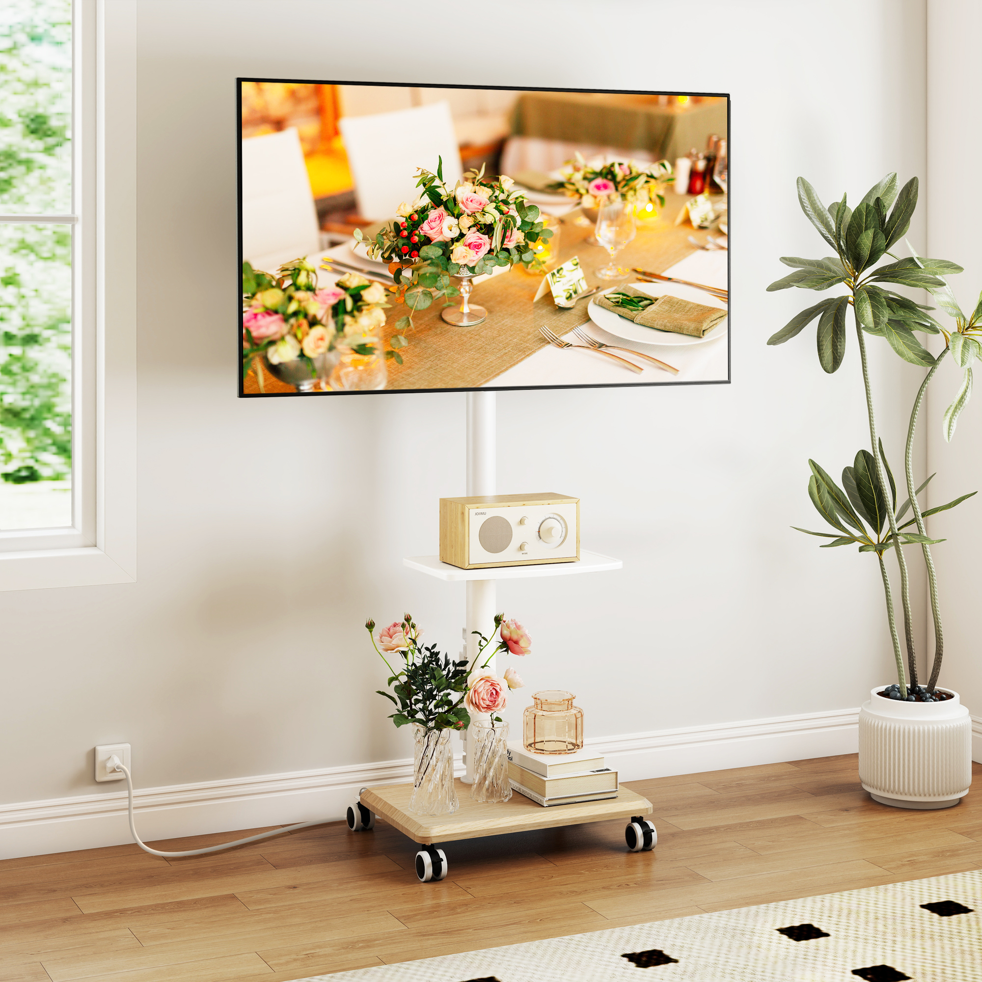 RTVR Mobile TV Stand with Wheels for Home Decor, with Power Outlet Heavy Duty TV Stand Wheels for 32-60 Inch TVs, White