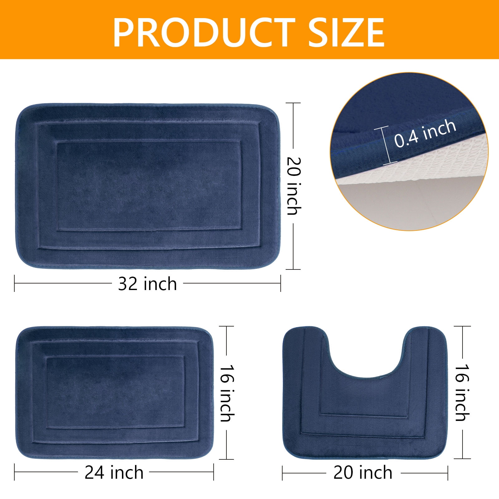 Tripumer 3 Pcs Navy Blue Memory Foam Bath Mat Set Bathroom Rugs Set U Shape Toilet Mats for Toilet Shower Sink